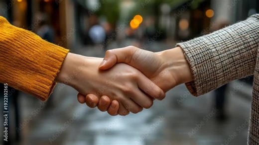 Two people shaking hands in a bustling city street, with blurred lights and shops in the background