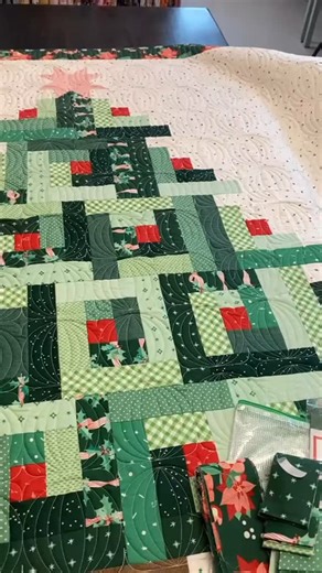 Lynn L. Thompson on Instagram: "Not only is the tree quilt using Moda’s Tiny Christmas and @cluckclucksew Christmas Tree pattern so cute, it’s super easy!! It is made up cute log cabin blocks. We went a step farther and die cutted the 2.5” strips for you! Christmas quilts are the best.  Pantograph: @sewshabbyquilting Blitz . . Credit : lynny.lou.crafts❤️ #quiltkit #quilts #quiltshop #quiltingtiktok #quilting"