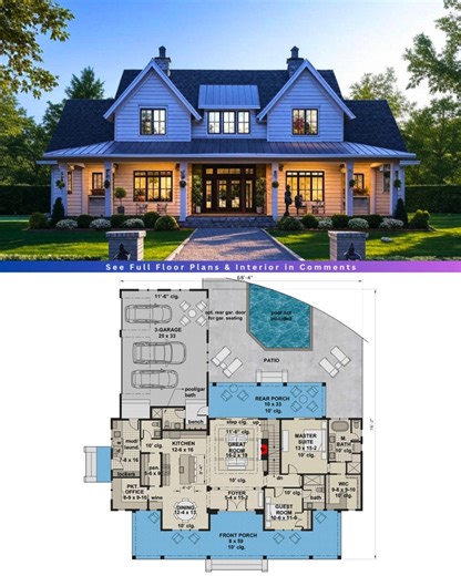179K views · 1.4K reactions | Here's a Beautiful Modern Farmhouse Plan with a Charming French Door Greeting. | Home Styling | Facebook