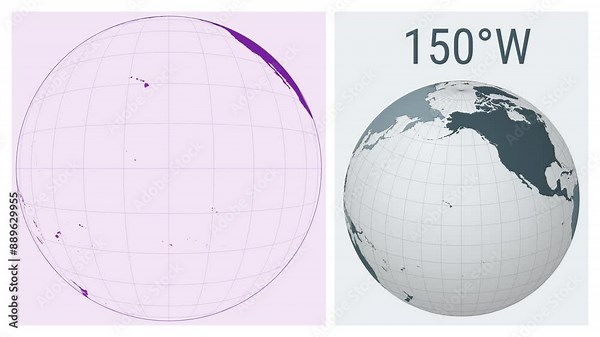 World map animation. Satellite (tilted perspective) projection. Colored continents style. Animated world map in satellite projection. Loopable animation showing longitude shift and matching globe.