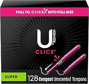 U by Kotex Click Compact Tampons, Super Absorbency, Unscented, 128 Count (8 Packs of 16) (Packaging May Vary)