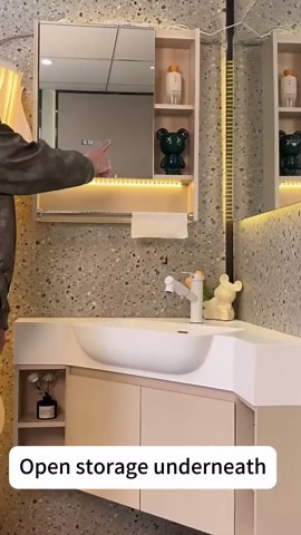 92" Corner Bathroom Vanity with Sink - Natural Wood Colored Corner Bathroom Vanity Cabinet, Floating Vanity with Smart Defog Mirror & Mirror Cabinet - Complete Accessories, Brown