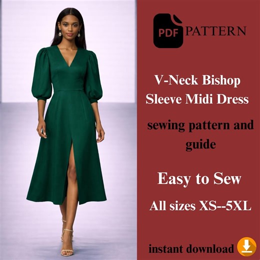 V-neck Bishop Sleeve Midi Dress Sewing Pattern – Easy Flowy - Etsy