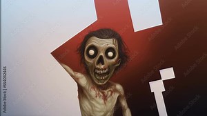 Morphing animation of surreal painting of a deformed face of a bloody zombies drawing. Digital image painted undead woman portrait. Halloween backdrop in cartoon style.