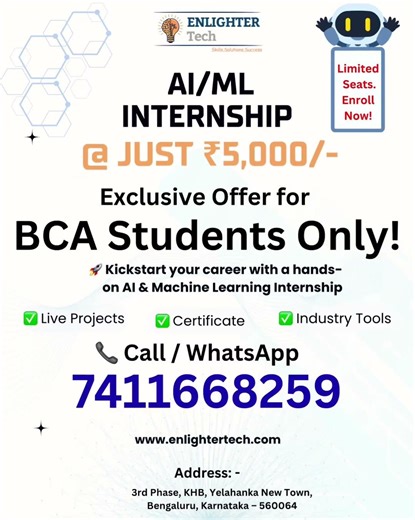 AI / ML Internship Opportunity for BCA Students @EnlighterTech
