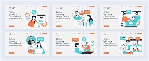 Online job interview concept of landing page with slide templates set in flat design website headers with people search new employee interview candidates by video and hiring vector illustrations | Premium Vector