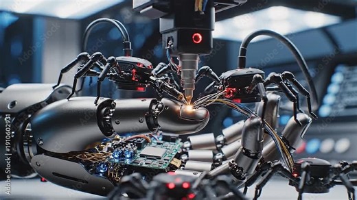 Micro-drones repairing a detailed robotic android hand with lasers.