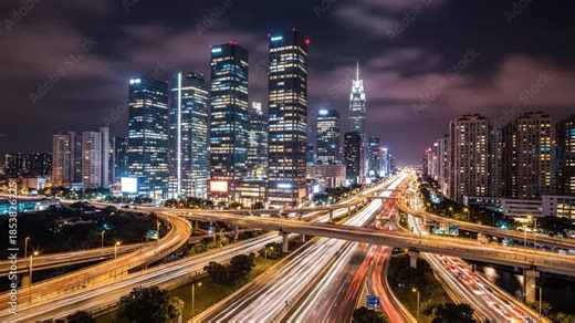 City skyline night with illuminated office tower cluster and skyscraper, busy multilane highway interchange with vibrant light trails and elevated roads, cloudy purple evening sky conveying energetic