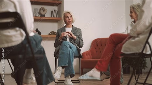 Senior women gathering together in office of psychologist for group therapy. Women community for discussing problems of aging save beauty in old age and relationship, mature divorced ladies meeting