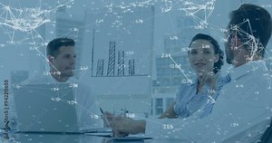 Network of connections and data processing animation over business meeting in office