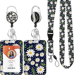 ID Badge Holder with Lanyard,Retractable ID Badge Card Holders Detachable Neck Lanyard Strap with Badge Reel and Vertical ID Holder for Nurse Students Teachers Office Staff(Little Daisy)