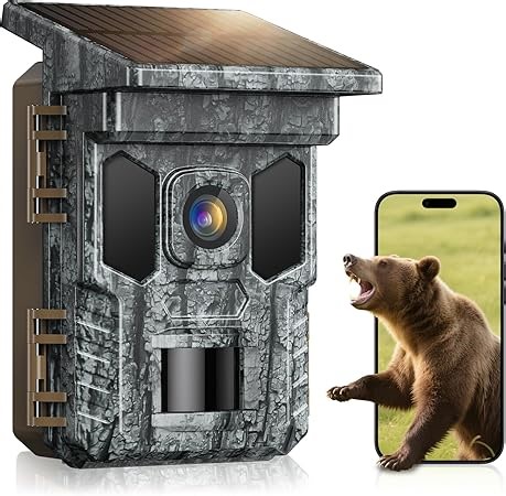Wildkamera mit Handyübertragung App-4K 64MP WLAN Wildtierkamera mit Bewegungsmelder Nachtsicht, 32GB SD Karte, Solar Eingebaute Lithiumbatterie mit 850nm Infrarot-LEDs IP66 Wasserdicht