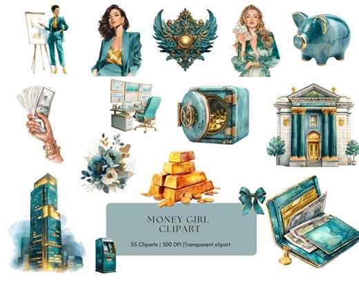 Money Girl Clipart Png, Money Girl Clipart Featuring A Stylish Girl With Cash and Money Elements Clipart Bundle Png Commercial Use, Digital - Etsy