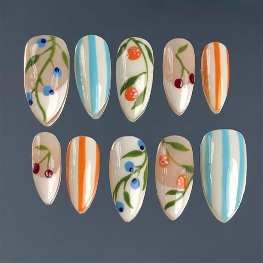 Handmade Fruit Garden Press on Nails | Berry Branch & Summer Stripe Design - Etsy