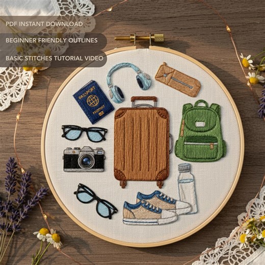 Travel Embroidery Pattern | Suitcase Backpack Camera Beginner Hoop Art (NO STITCH GUIDE) - Etsy