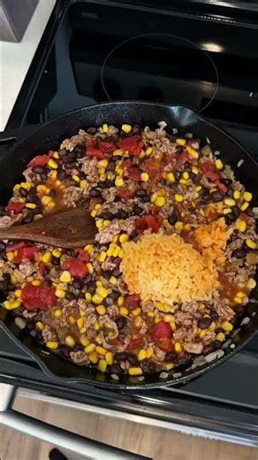 Taco rice skillet dinner - 1lb ground beef we used a mix of ground beef/pork - half an onion -