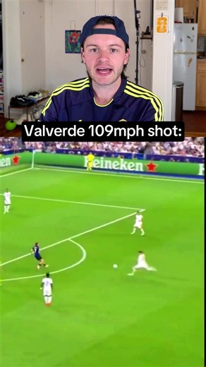 This shot was moving so fast the player it hit needed medical attention. Valverde was genuinely worried — and once you see the numbers, you’ll understand why... Valverde’s fastest recorded shot is 90.1mph — 12th fastest of all-time. The problem is these numbers only measure the goals — and based on Yann Bisseck’s reaction I think this was actually a lot faster. So let’s do the math. Our clip is 30fps and the ball takes 13 frames to go from Valverde’s foot to Bisseck’s head. We know Bisseck’s hei