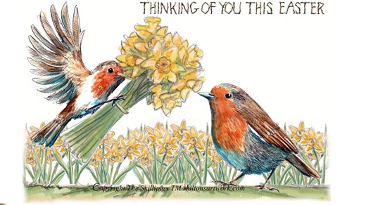 1909 (2 CARDS the Same) EASTER Card Thinking of You This Easter, Card. Robin Pair With a Bunch of Daffodils - Etsy