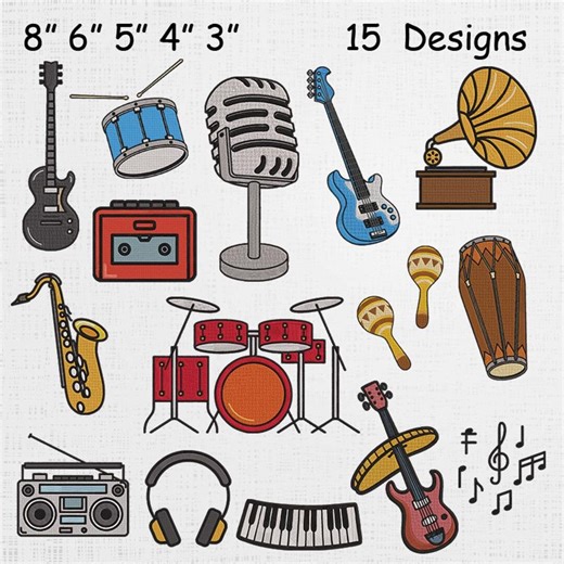Musical Instrument Embroidery Design Set - Music Set Machine File - Guitar Embroidery Pattern - 15 Designs 5 Sizes - Etsy