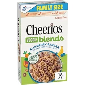 Cheerios Veggie Blends Breakfast Cereal, Blueberry Banana Flavored, Made with Fruits and Veggies, Family Size, 18 oz