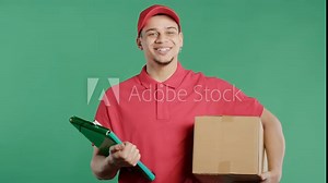 Positive postal courier man with parcel box. Happy postman delivers address package on green studio background.