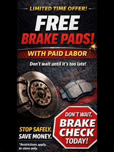 🚗 Downey drivers — don’t risk your brakes. If your brakes are squeaking, grinding, or just don’t feel right, now’s the time to take action. For a limited time, get FREE brake pads when you cover the labor. Reliable service, honest work, and your safety first — that’s how we do it. ⚠️ Possible restrictions apply. In-store only. #DowneyCA #BrakeService #AutoRepairShop #BrakeSpecial #CarMaintenance