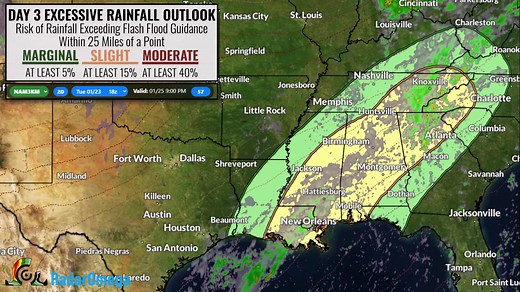 Continuous moisture streaming in from the Gulf of Mexico will promote a threat of excessive rainfall and flash flooding across parts of the Central Gulf Coast into the Mid-South during the middle part of this week. Moderate risks of excessive rainfall are in place today and Wednesday. | RadarOmega