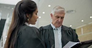 Judge, law and attorney team talking or planning criminal case investigation strategy together as teamwork for justice. Paperwork, conversation and legal professional speaking to lawyer for document