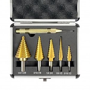 C&T 6-Piece Step Drill Bit Set with Automatic Center Punch, HSS Titanium High Speed Steel, 50 Sizes Step Bits for Metal, Aluminum, Wood, Plastic, with Aluminum Storage Case