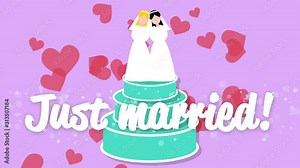 Wedding cake animation for bride and bride just married. The characters move to the kiss, it begins an explosion of red hearts to celebrate the wedding day.