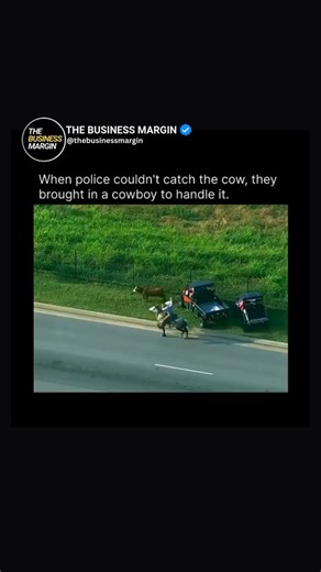 The Business Margin on Instagram: "In 2022, an unusual scene unfolded in Oklahoma City when a loose cow escaped near Interstate 40 and wandered directly into fast-moving traffic, forcing drivers to slam brakes and carefully steer around the confused animal as it drifted between lanes. Police quickly realized that patrol cars and sirens weren’t going to solve this—they needed someone who actually knew how to handle livestock. That’s when local cowboy Blake Igert was called in. Riding in on horseb