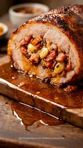 Pierna de Cerdo Mechada al Horno (Jugosa y Tradicional) 🧾 Ingredientes (8–10 personas) 1 pierna de cerdo (5–6 kg), con o sin piel 12 dientes de ajo cortados en bastones 300 g de tocino ahumado en tiras 2 cucharadas de sal 1 cucharadita de pimienta negra 1 cucharadita de paprika o color ½ taza de aceite vegetal u oliva suave 1½ tazas de caldo de cerdo o pollo 2 hojas de laurel 1 cebolla blanca grande, en rodajas (opcional) 👩‍🍳 Preparación Paso a Paso (Muy Detallada) 🔪 1. Preparar y mechar la 