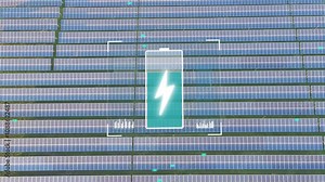 Large solar field station with multiple solar panels and animated battery charging, showcasing renewable energy and sustainable technology