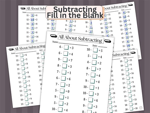 Subtraction Practice Problems Worksheets | Fill in the Blank | Answer Keys | Beginner | PDF Download Printable - Etsy