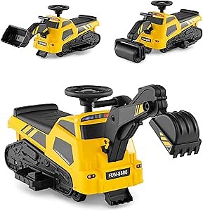 Costzon 3-in-1 Ride on Tractor, Electric Excavator Bulldozer Toy Road Roller w/Adjustable Arms, Music, 6V Ride on Construction Vehicles for Kids 1.5+ Years Old