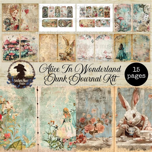 Alice in Wonderland Digital Junk Journal Kit, Printable Pages, Scrapbook Embellishments, DIY Project, Storybook Theme, PDF Download - Etsy