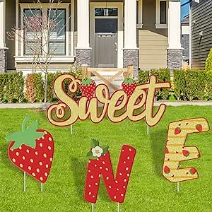 Berry First Birthday Decor, Strawberry Sweet One Birthday Party Yard Signs with Stakes, Strawberry 1st Birthday Outdoor Lawn Decor Supplies