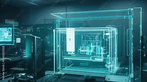 A 3D printer constructs a futuristic gadget in a dimly lit high-tech workshop, with holographic blueprints displayed on multiple screens, and the camera zooms out to reveal the detailed scene.