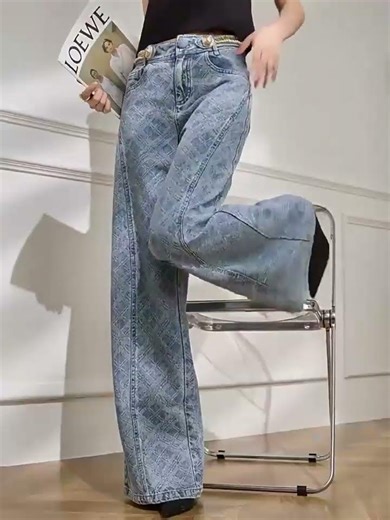 「ジャカードデザイン ハイウエストストレートデニム」 #レディース #ライトブルー #ワイドパンツ #フレンチディテール #fashion