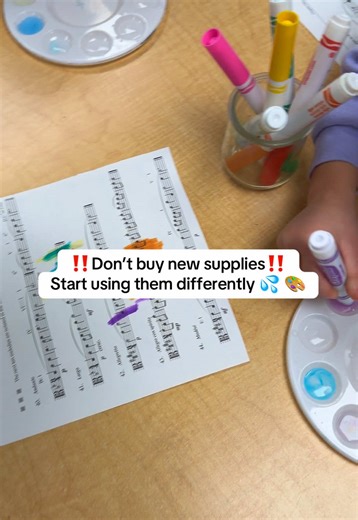 POV: You teach Pre-K and nothing goes to waste. 🎶♻️ We started our music theme using real sheet music “dead” markers dipped in water. They turned into watercolors and the engagement was unreal. Creativity > Budget. Always. #prek #crayola #earlychildhoodeducation #activitiesforkids #preschool