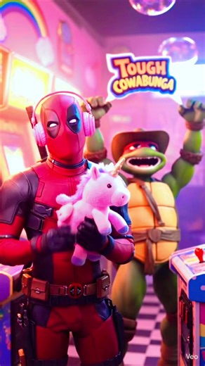 Hey, Raph. Pixie, here and #deadpool holds his pink #unicorn plushie, here also wants to play the #teenagemutantninjaturtles game. ❤️. #deadpooledit #tmnt