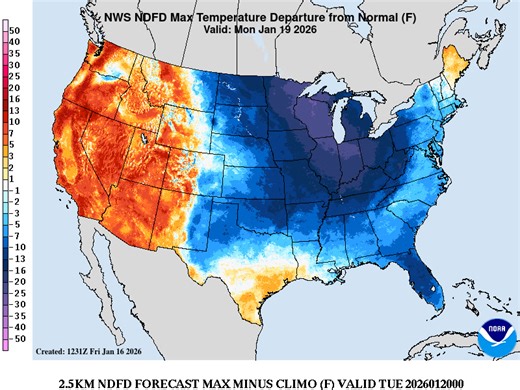 An Arctic cold front will bring below average temperatures to the Plains beginning tonight. High temperatures in the teens and single digits over portions of the Northern/Central Plains and Upper Midwest will be 20-30 degrees below average on Saturday. This frigid airmass will spread eastward into the Midwest and East Coast Saturday night into Sunday. | U.S. National Weather Service (NWS)