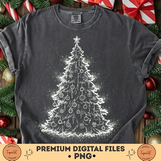 Vintage White Christmas Tree Sketch With Ornaments for Rustic Holiday Sublimation Designs | Digital Download | - Etsy