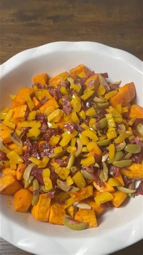 Roasted Sweet Potato with Crispy Pastrami and Green Olives
