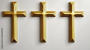 Three gold crosses are arranged horizontally on a white wall