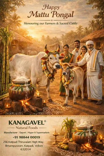 🌞🐄 Warm Mattu Pongal wishes from KANAGAVEL® Natural Foods 🌾✨ With deep respect and heartfelt gratitude, we honour our farmers 👩‍🌾👨‍🌾 and sacred cattle 🐄—the true soul of our land, culture, and food tradition. May this auspicious Pongal fill your lives with abundance 🌾, good health 💚, prosperity 💰, and lasting happiness 😊. 🌞🐄 KANAGAVEL® Natural Foods சார்பாக இனிய மாட்டுப் பொங்கல் வாழ்த்துகள் 🌾✨ நம் மண்ணின் உயிரான உழவர்களுக்கும் 👩‍🌾👨‍🌾, நம் வாழ்வின் ஆதாரமான புனித மாடுகளுக்கும் �