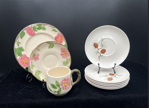 Franciscan Pottery Dinnerware, Desert Rose Pattern. Cup, Saucers, Luncheon Plates. French Saxon "pine Cone" Saucers. FREE SHIPPING - Etsy