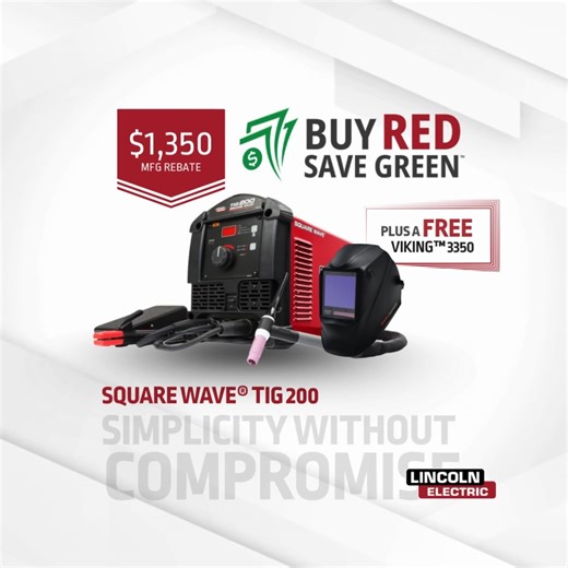 Square Wave® TIG 200: SIMPLICITY WITHOUT COMPROMISE The Square Wave TIG 200 provides smooth and stable AC TIG welding on aluminum and DC TIG welding on steel, stainless steel and chrome-moly. A user-friendly interface enables the operators to set it, forget it and weld. Buy a Square Wave® TIG 200 Welder and receive a $1350 VISA gift card rebate Plus a FREE Viking 3350 welding helmet. STACK & SAVE - Add Lincoln Electric Accessories & Filler Metals for more savings. Learn more: https://bit.ly/41Ar