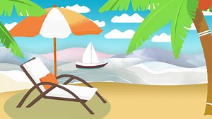 Download beach illustration with 2d vibrant cartoon look, beach chairs and umbrella on a sunny summer day at the beach for free