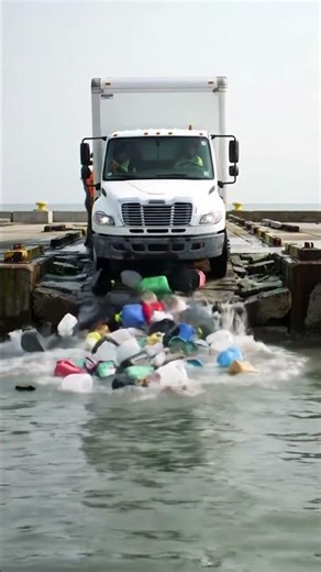 Truck dumps hundreds of containers into the water. #Dumping